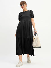 Women Black Puff Sleeve Midi Dress-SFDRSS13129