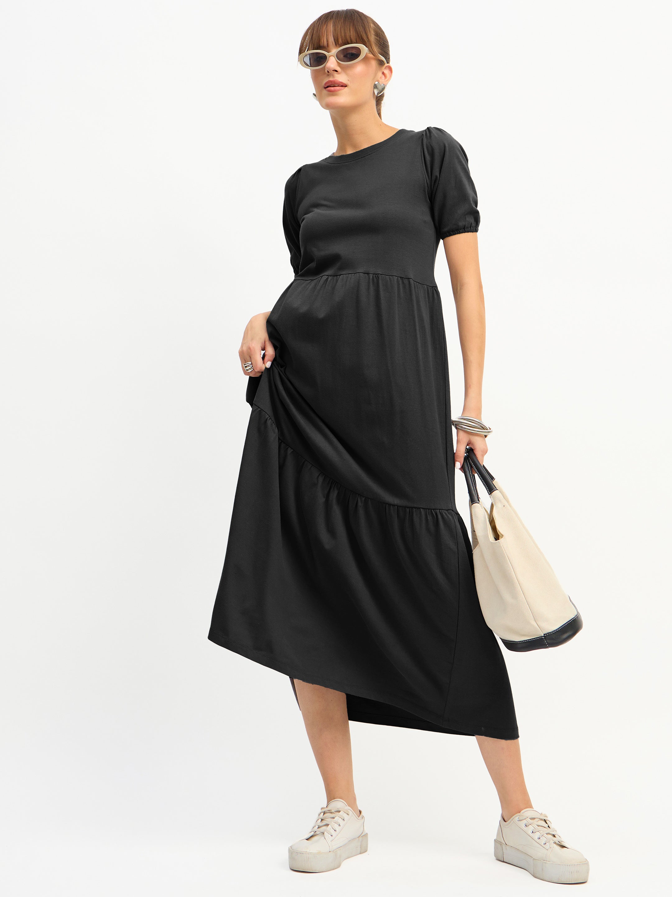 Women Black Puff Sleeve Midi Dress-SFDRSS13129