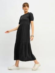 Women Black Puff Sleeve Midi Dress-SFDRSS13129