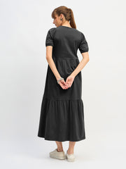 Women Black Puff Sleeve Midi Dress-SFDRSS13129