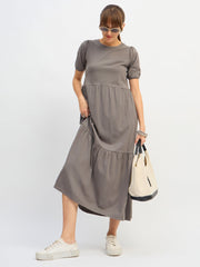 Women Grey Puff Sleeve Midi Dress-SFDRSS13130