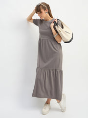 Women Grey Puff Sleeve Midi Dress-SFDRSS13130