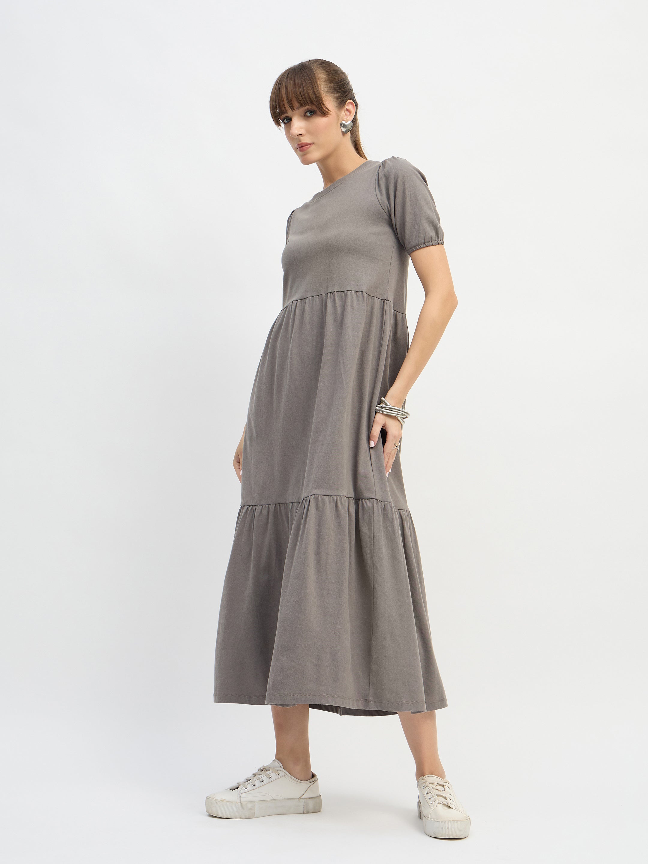 Women Grey Puff Sleeve Midi Dress-SFDRSS13130