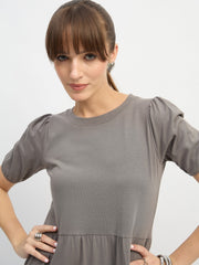 Women Grey Puff Sleeve Midi Dress-SFDRSS13130