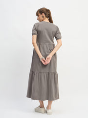 Women Grey Puff Sleeve Midi Dress-SFDRSS13130