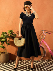 Women Black Poplin Smocked Midi Dress-SFDRSS13131