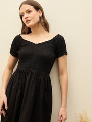 Women Black Poplin Smocked Midi Dress-SFDRSS13131