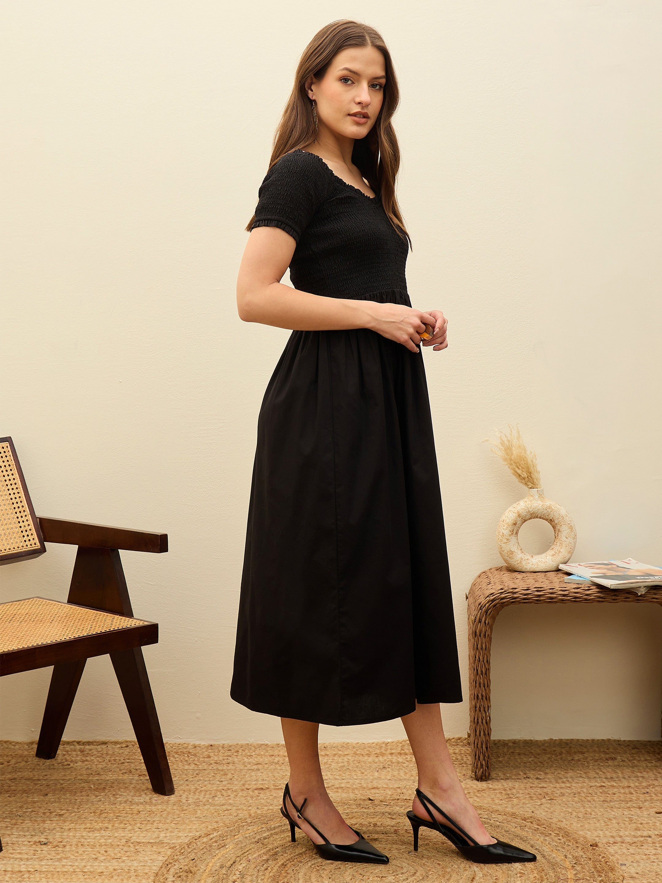 Women Black Poplin Smocked Midi Dress-SFDRSS13131