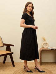 Women Black Poplin Smocked Midi Dress-SFDRSS13131