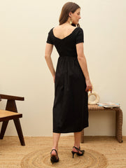 Women Black Poplin Smocked Midi Dress-SFDRSS13131