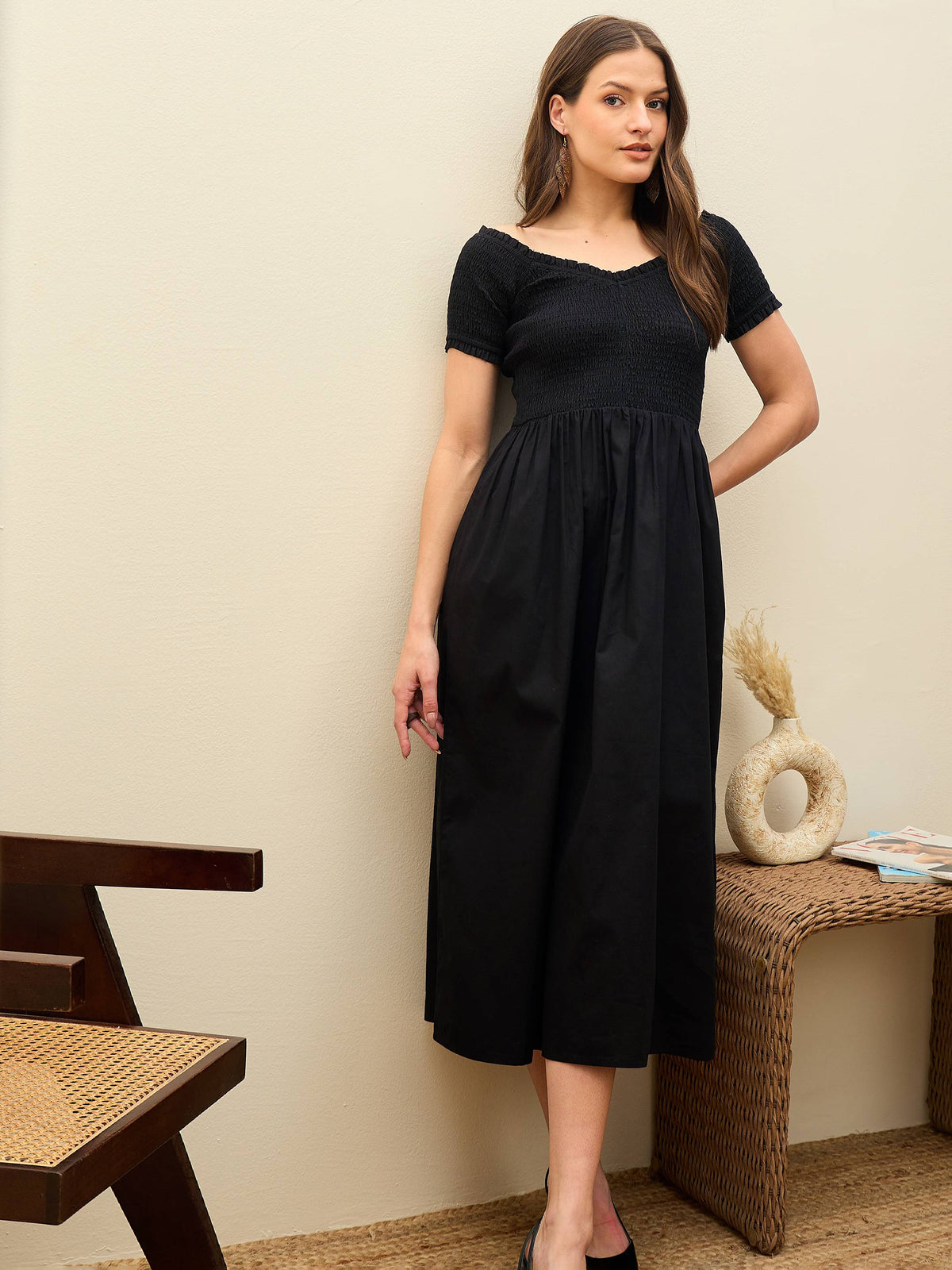 Women Black Poplin Smocked Midi Dress-SFDRSS13131-Black