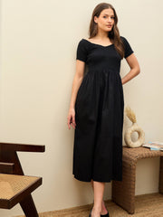 Women Black Poplin Smocked Midi Dress-SFDRSS13131-Black