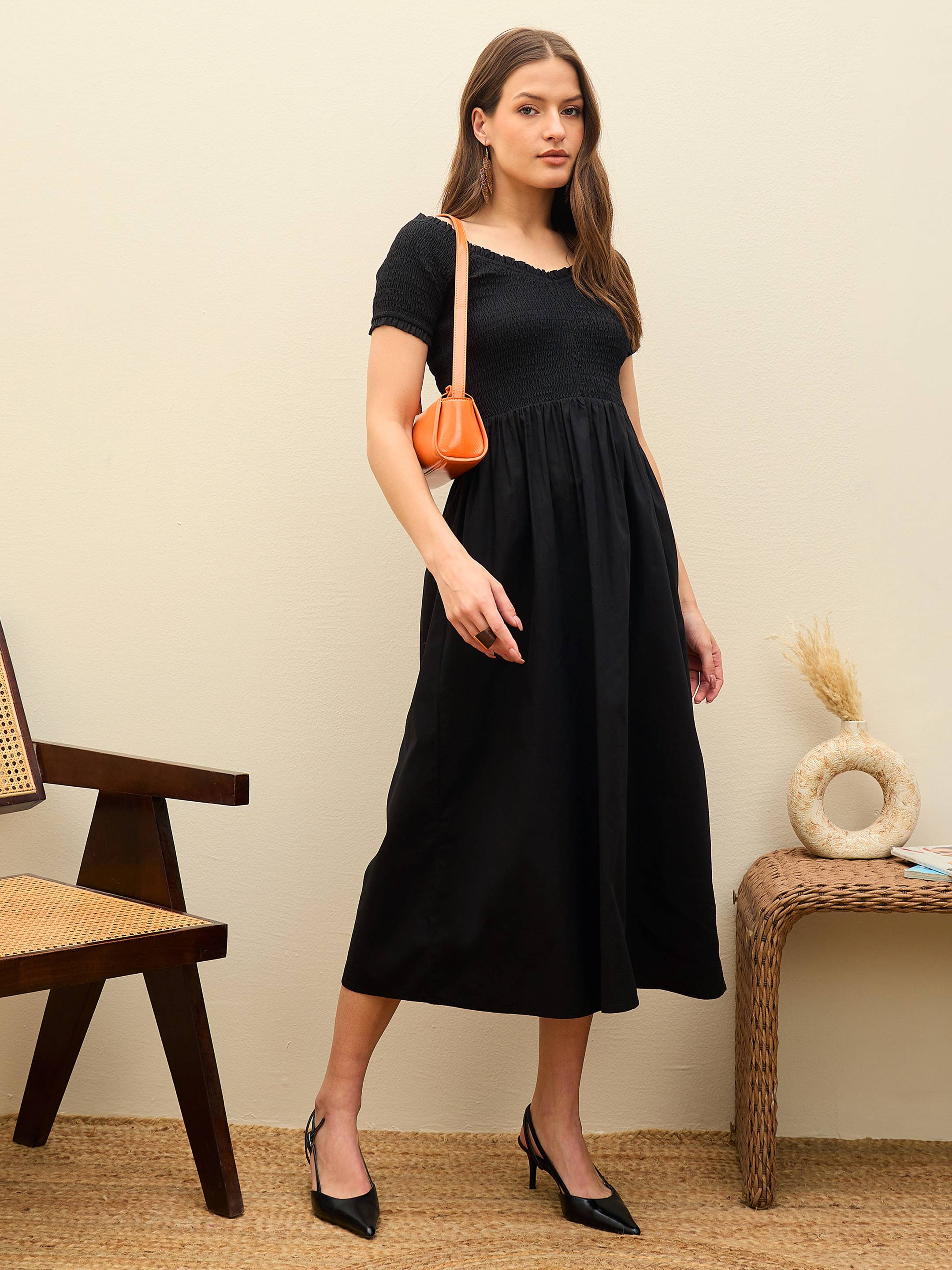 Women Black Poplin Smocked Midi Dress-SFDRSS13131-Black