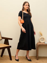 Women Black Poplin Smocked Midi Dress-SFDRSS13131-Black