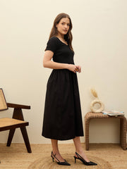 Women Black Poplin Smocked Midi Dress-SFDRSS13131-Black