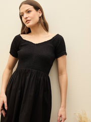 Women Black Poplin Smocked Midi Dress-SFDRSS13131-Black