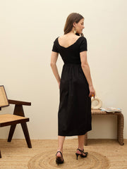 Women Black Poplin Smocked Midi Dress-SFDRSS13131-Black