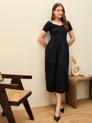 Women Black Poplin Smocked Midi Dress-SFDRSS13131-Black