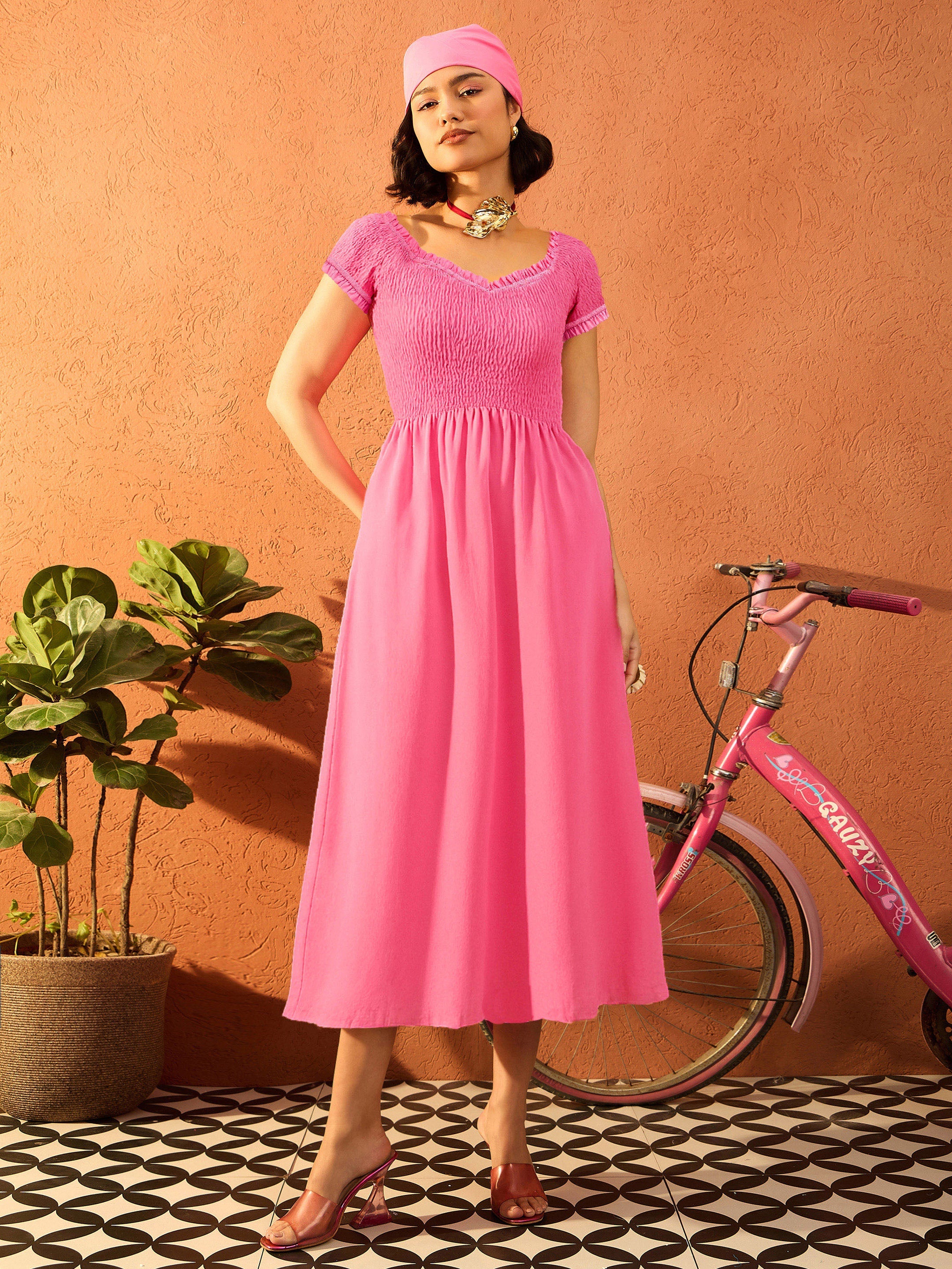 Women Pink Poplin Smocked Midi Dress-SFDRSS13132