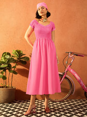 Women Pink Poplin Smocked Midi Dress-SFDRSS13132
