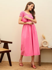 Women Pink Poplin Smocked Midi Dress-SFDRSS13132