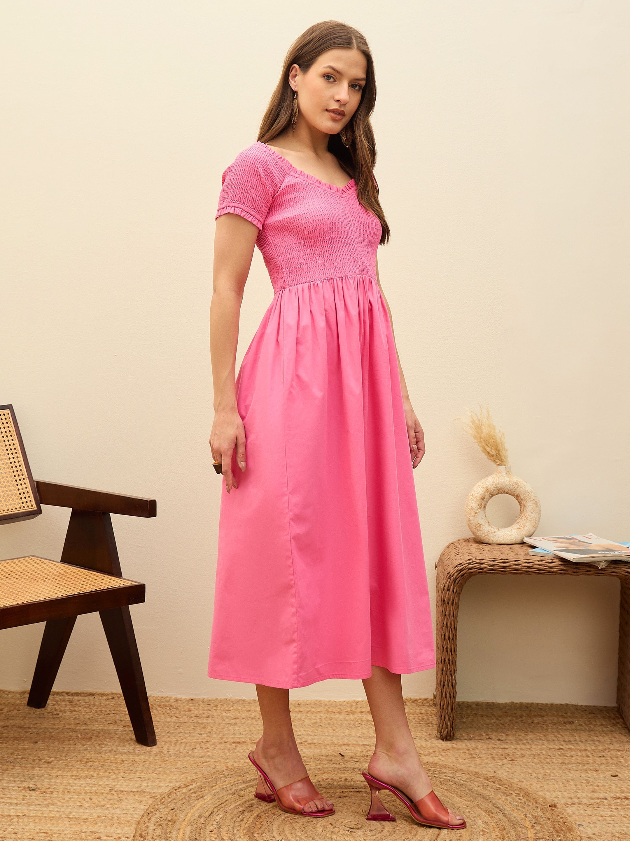 Women Pink Poplin Smocked Midi Dress-SFDRSS13132