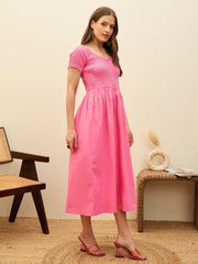 Women Pink Poplin Smocked Midi Dress-SFDRSS13132