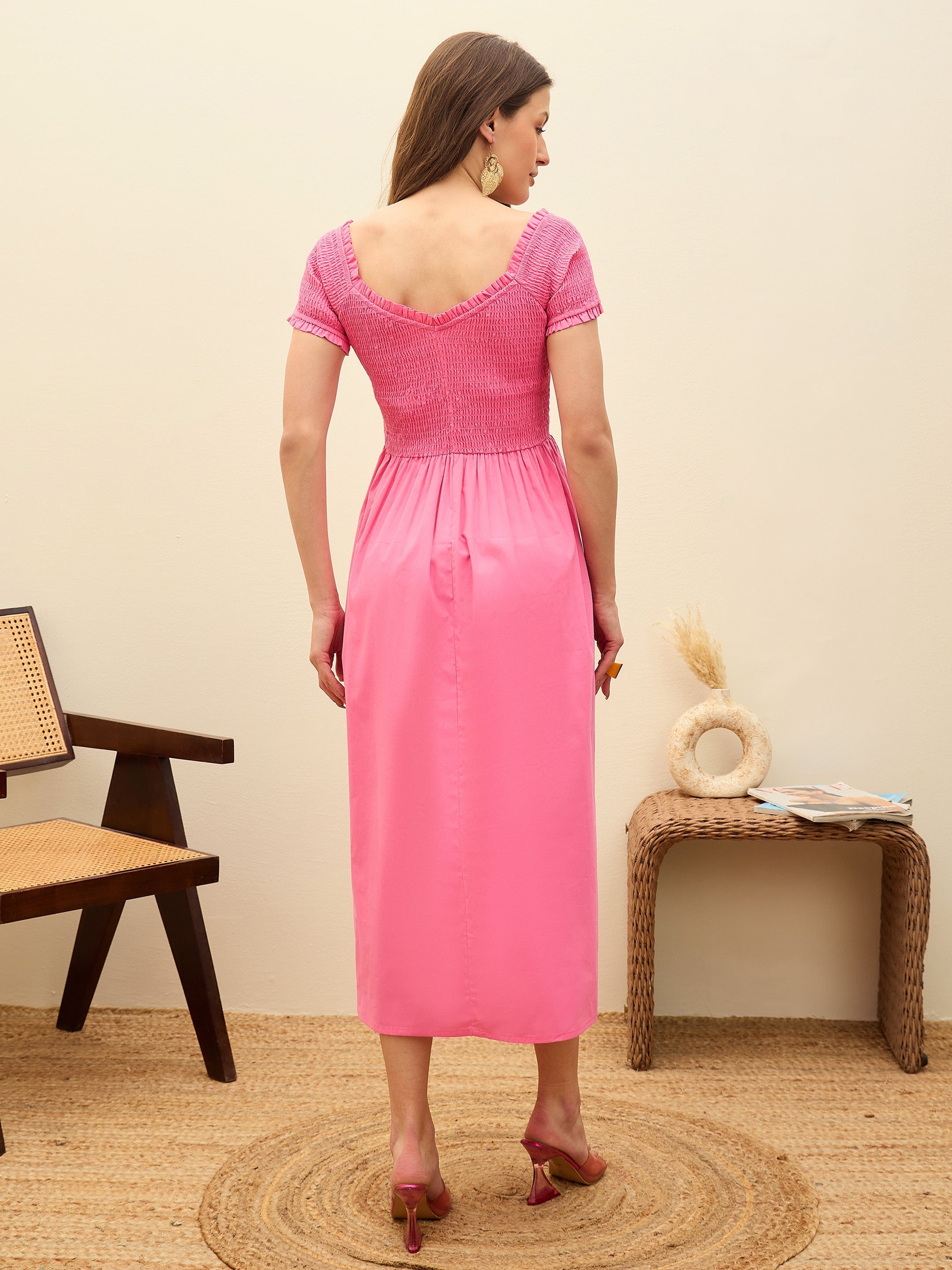 Women Pink Poplin Smocked Midi Dress-SFDRSS13132