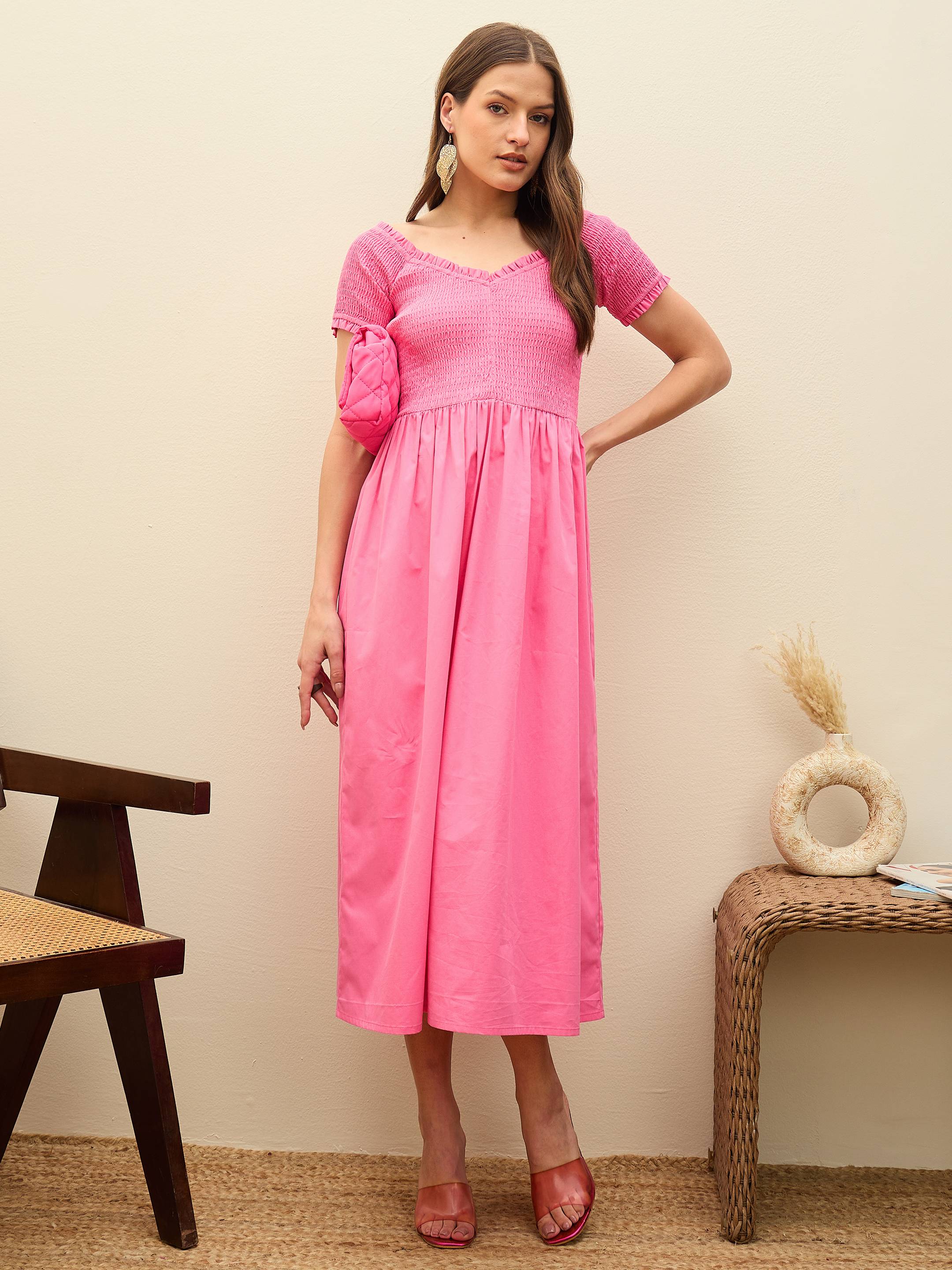 Women Pink Poplin Smocked Midi Dress-SFDRSS13132-Pink