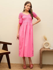 Women Pink Poplin Smocked Midi Dress-SFDRSS13132-Pink