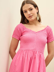 Women Pink Poplin Smocked Midi Dress-SFDRSS13132-Pink