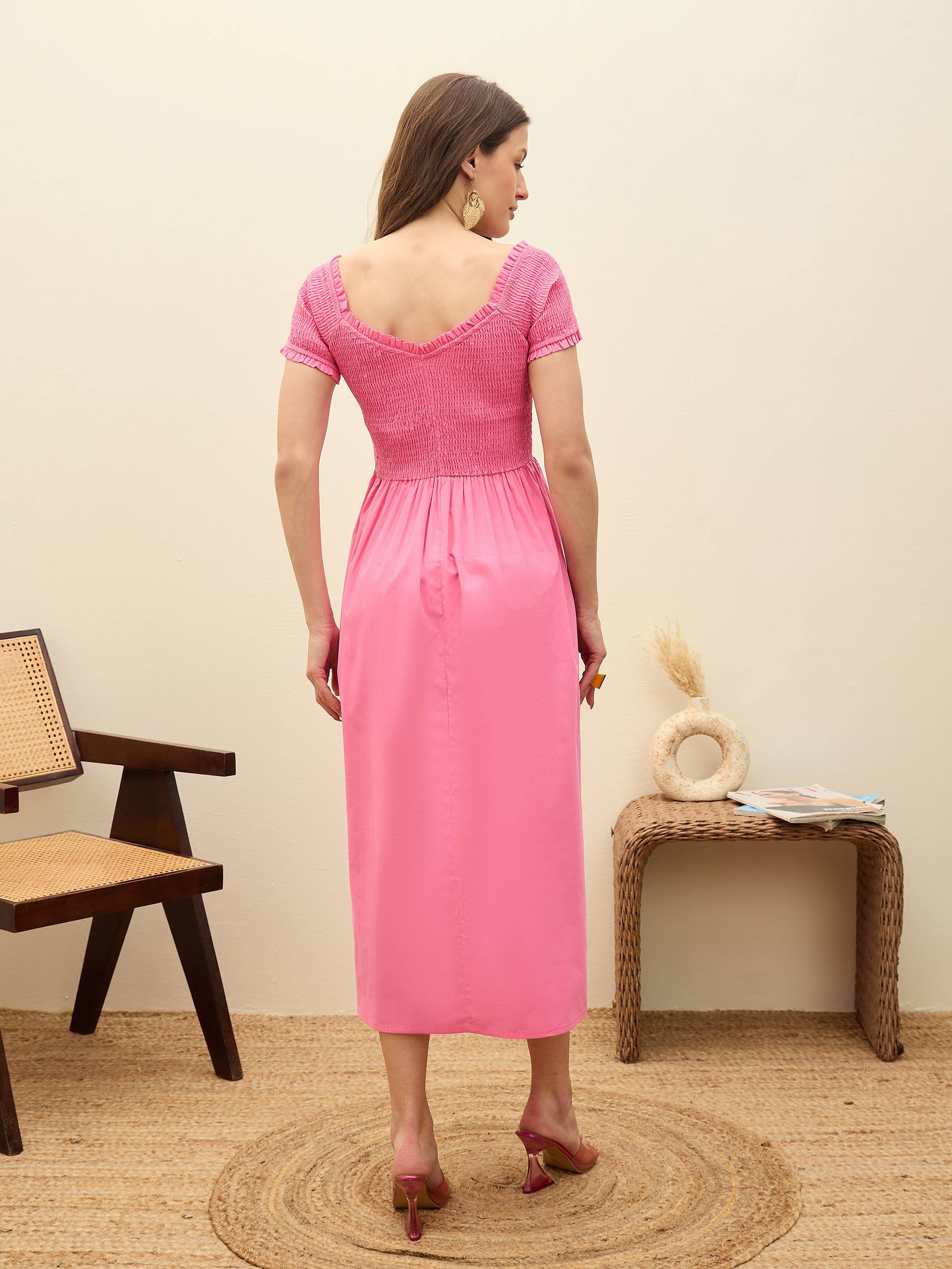 Women Pink Poplin Smocked Midi Dress-SFDRSS13132-Pink