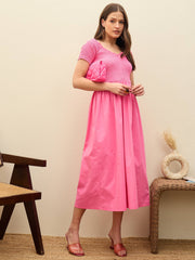 Women Pink Poplin Smocked Midi Dress-SFDRSS13132-Pink