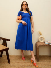 Women Blue Poplin Smocked Midi Dress-SFDRSS13133