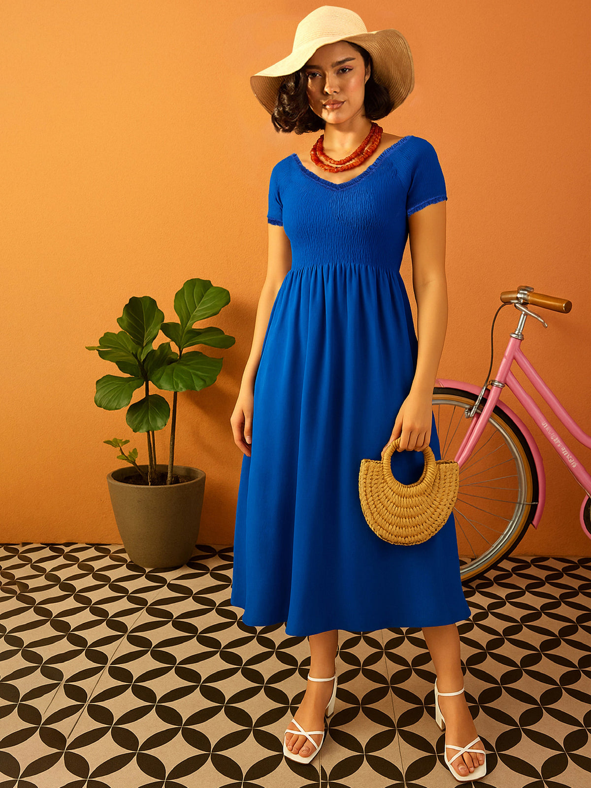 Women Blue Poplin Smocked Midi Dress-SFDRSS13133