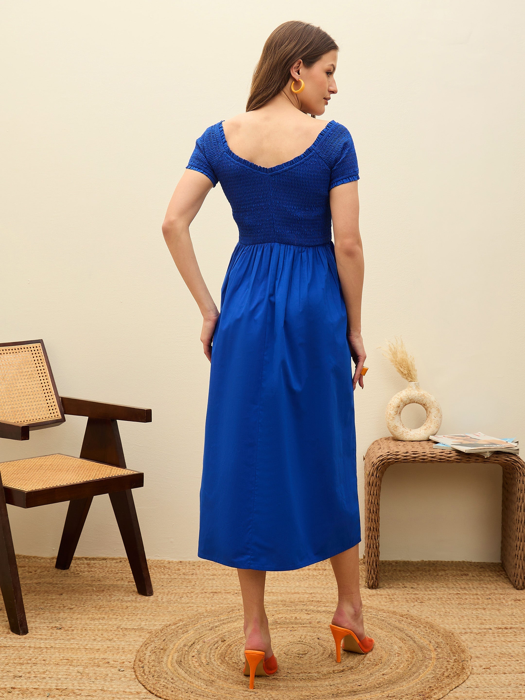 Women Blue Poplin Smocked Midi Dress-SFDRSS13133