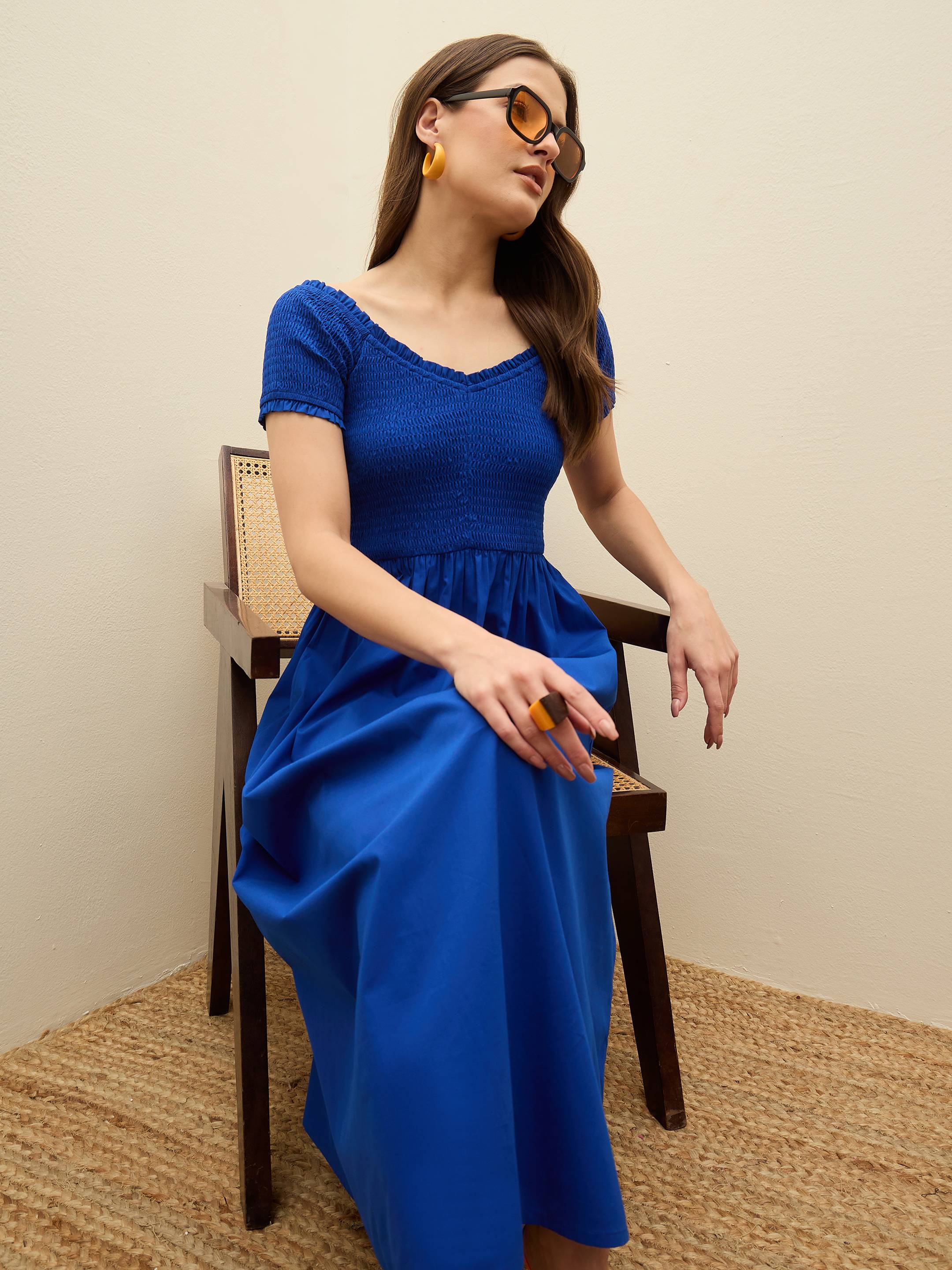 Women Blue Poplin Smocked Midi Dress-SFDRSS13133-Blue