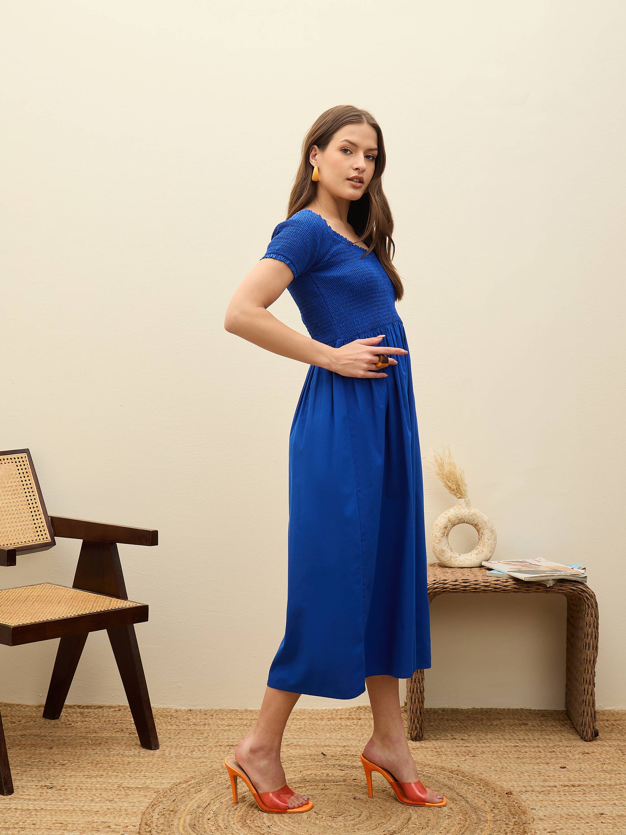 Women Blue Poplin Smocked Midi Dress-SFDRSS13133-Blue