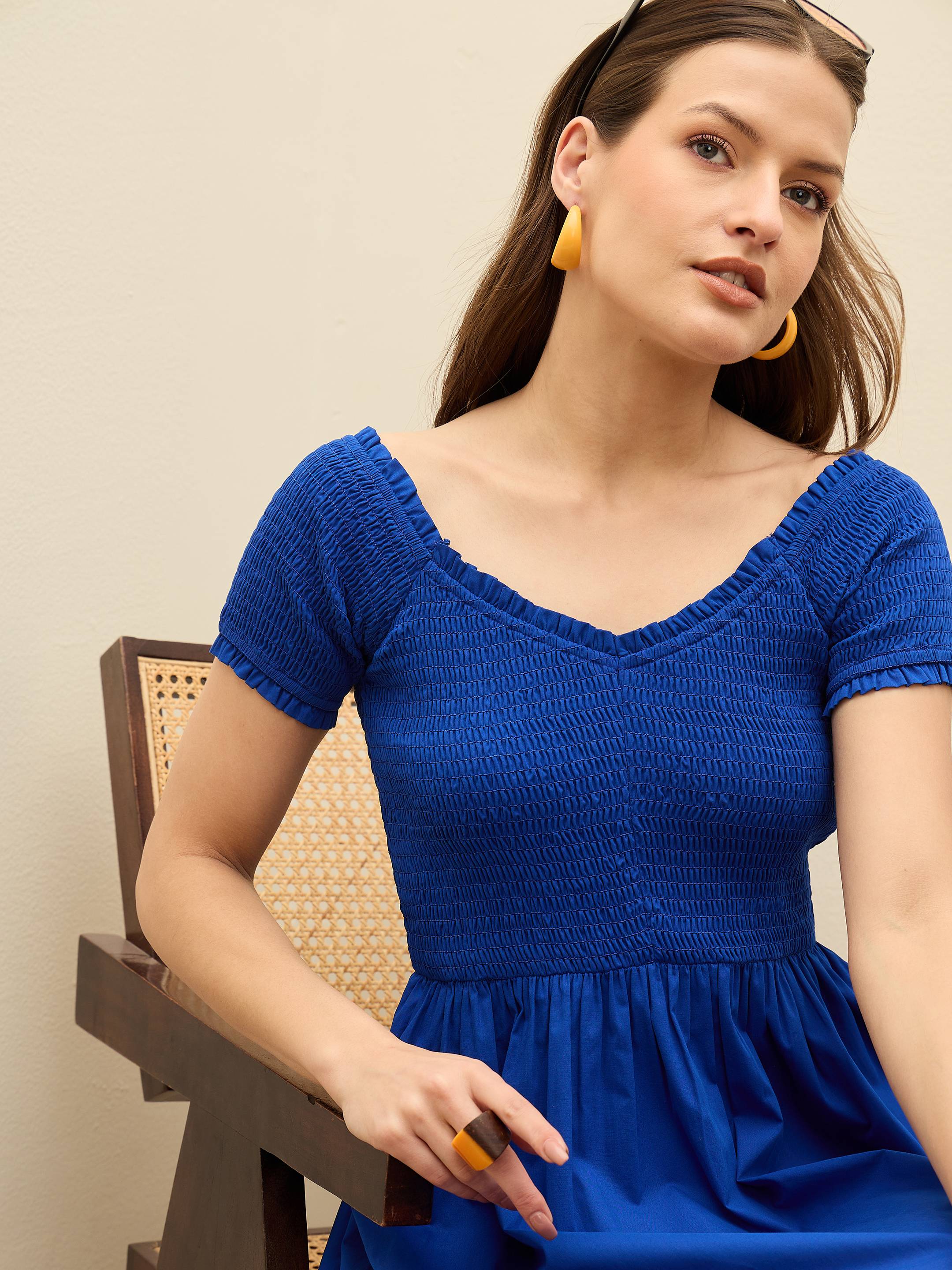 Women Blue Poplin Smocked Midi Dress-SFDRSS13133-Blue