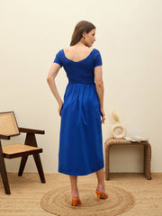 Women Blue Poplin Smocked Midi Dress-SFDRSS13133-Blue
