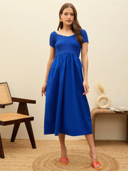 Women Blue Poplin Smocked Midi Dress-SFDRSS13133-Blue