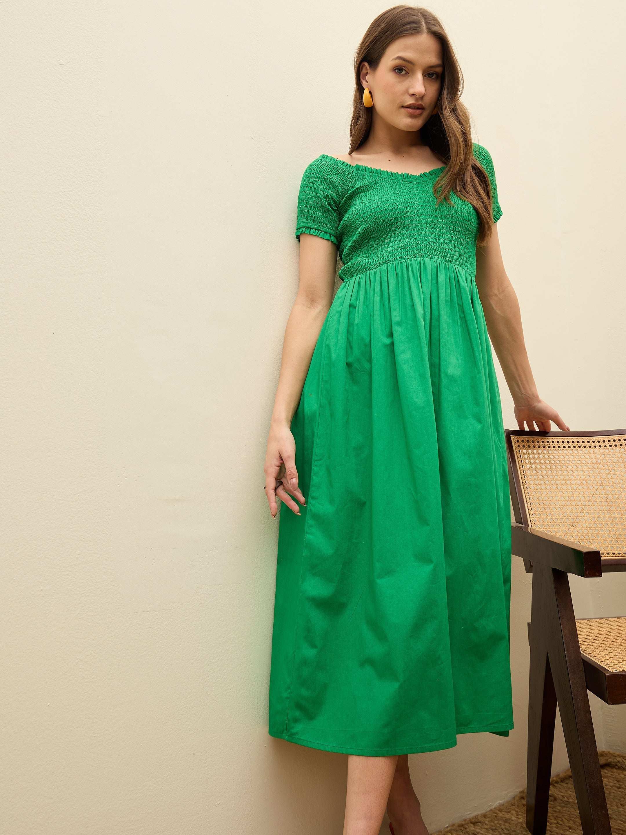 Women Green Poplin Smocked Midi Dress-SFDRSS13134