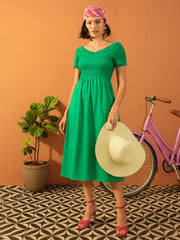 Women Green Poplin Smocked Midi Dress-SFDRSS13134