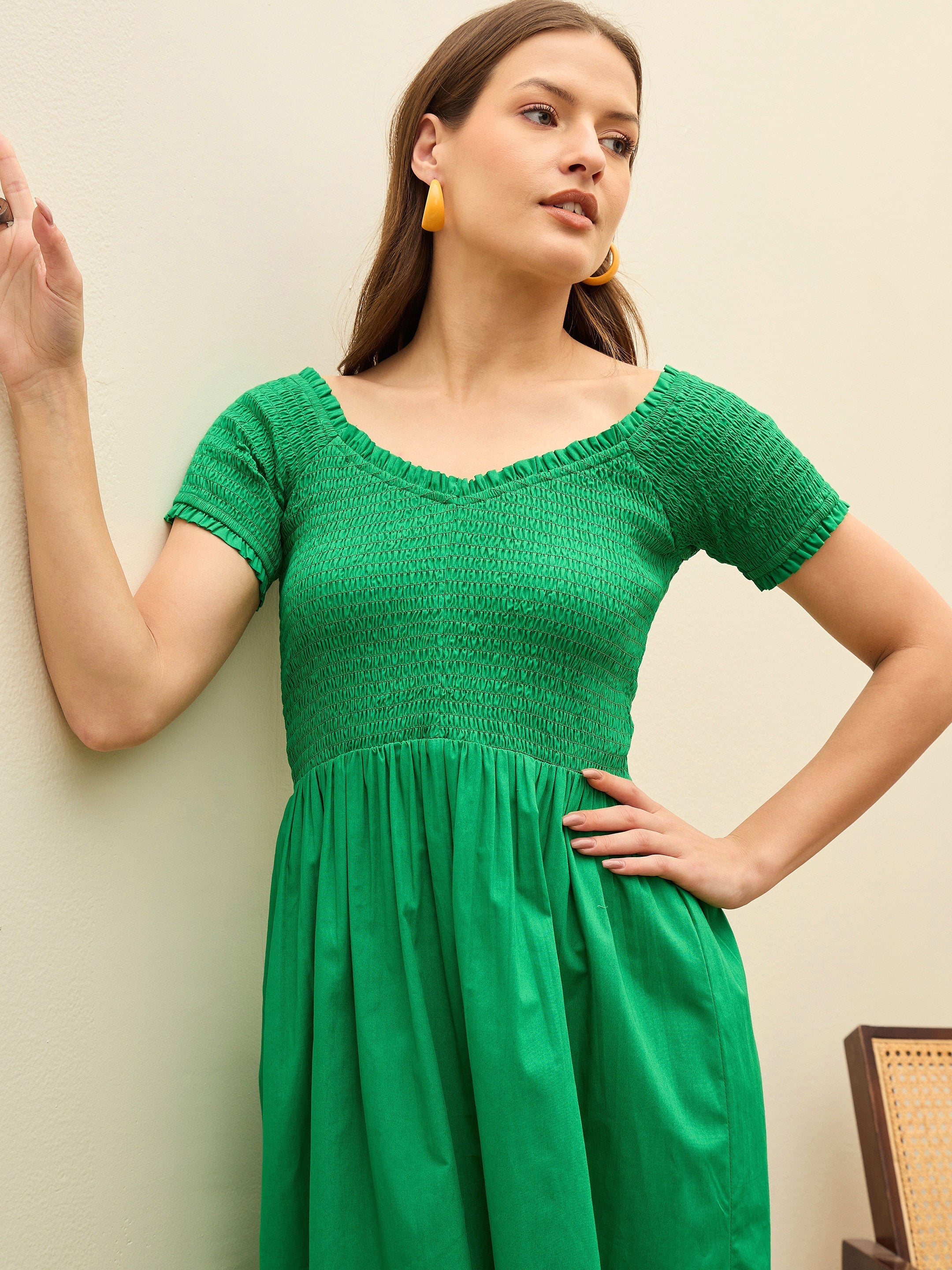 Women Green Poplin Smocked Midi Dress-SFDRSS13134