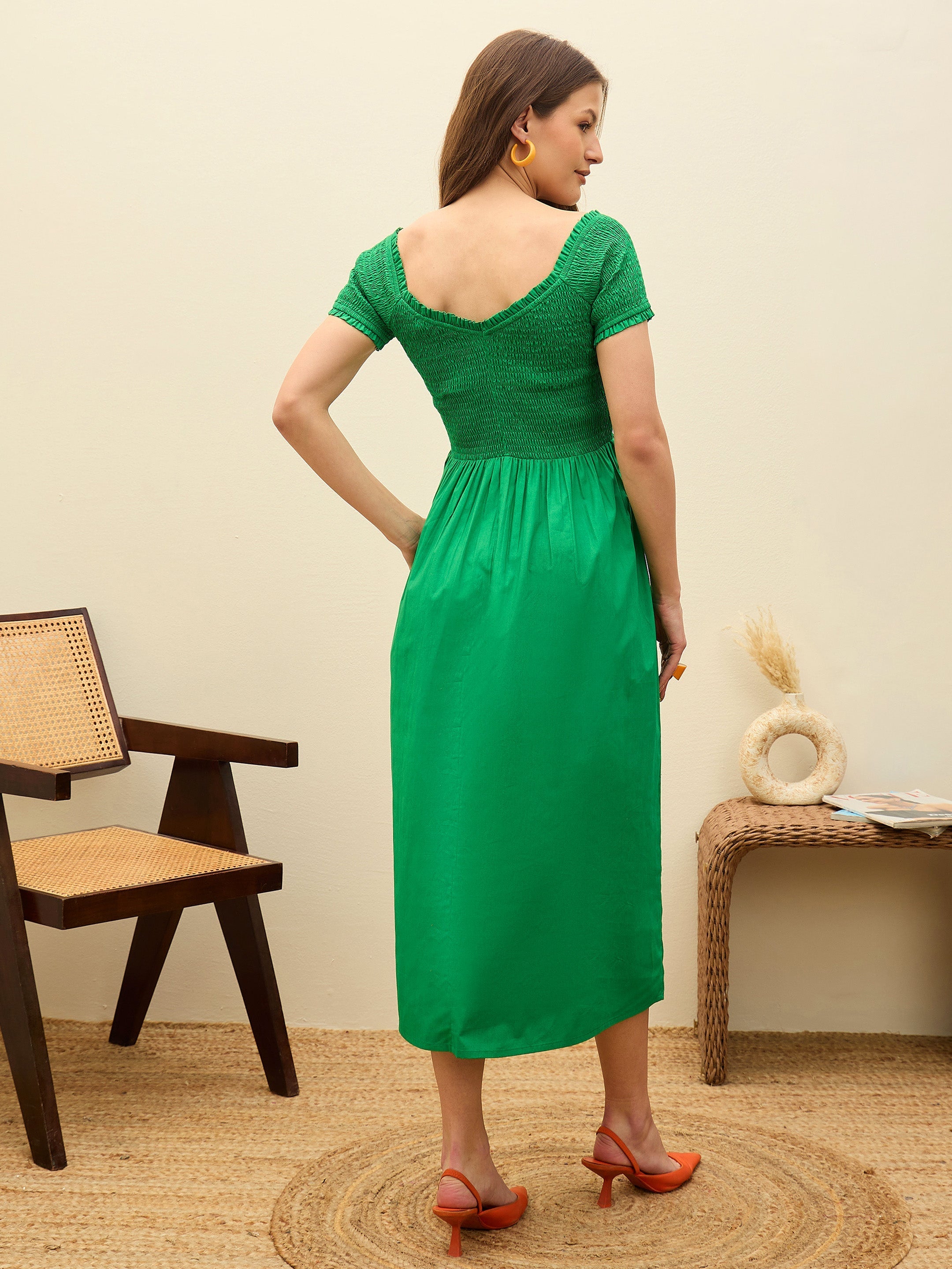 Women Green Poplin Smocked Midi Dress-SFDRSS13134