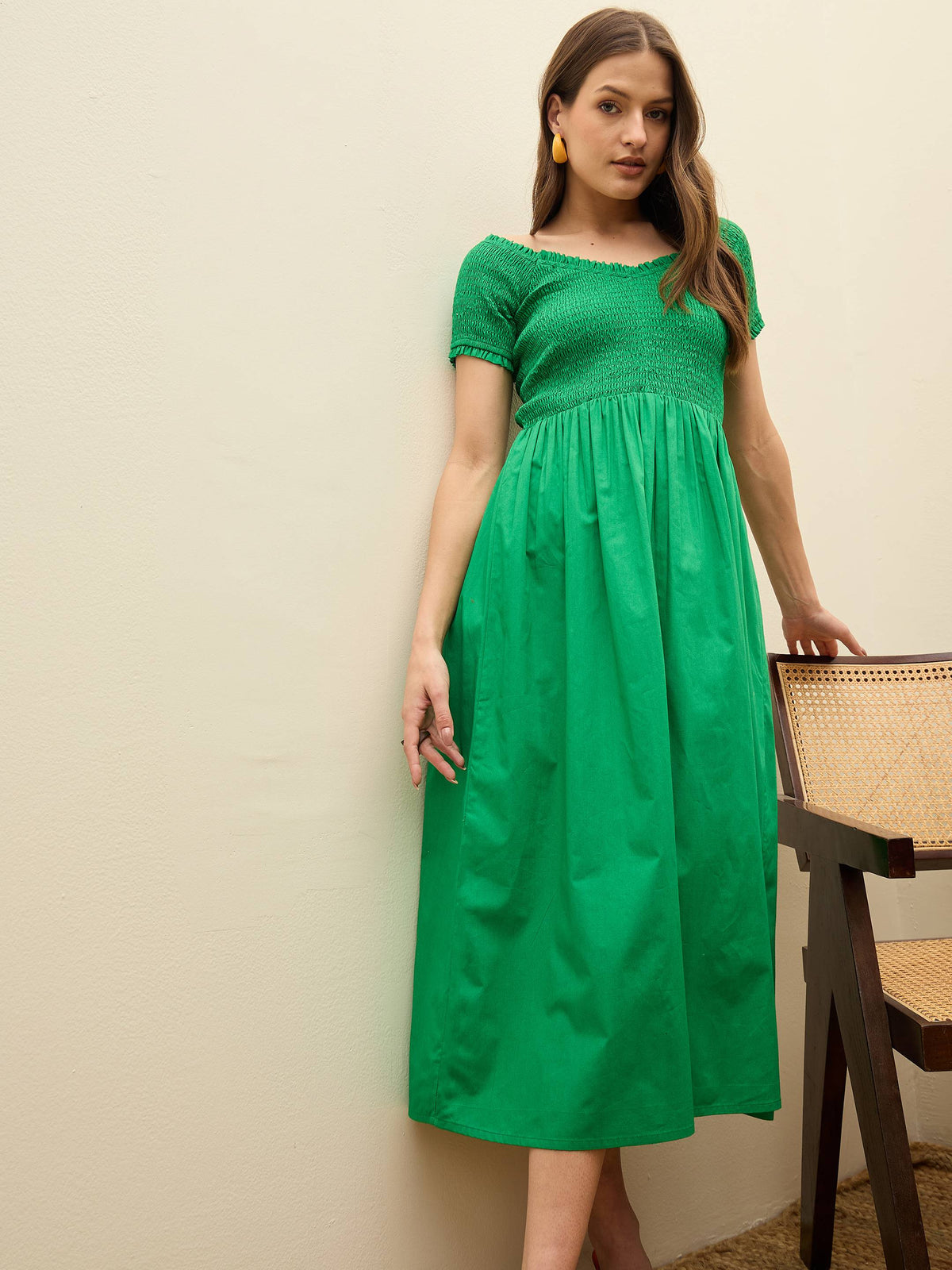 Women Green Poplin Smocked Midi Dress-SFDRSS13134-Green