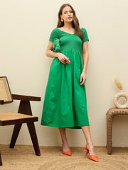 Women Green Poplin Smocked Midi Dress-SFDRSS13134-Green