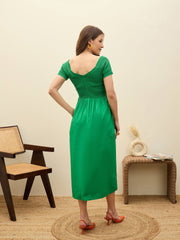 Women Green Poplin Smocked Midi Dress-SFDRSS13134-Green
