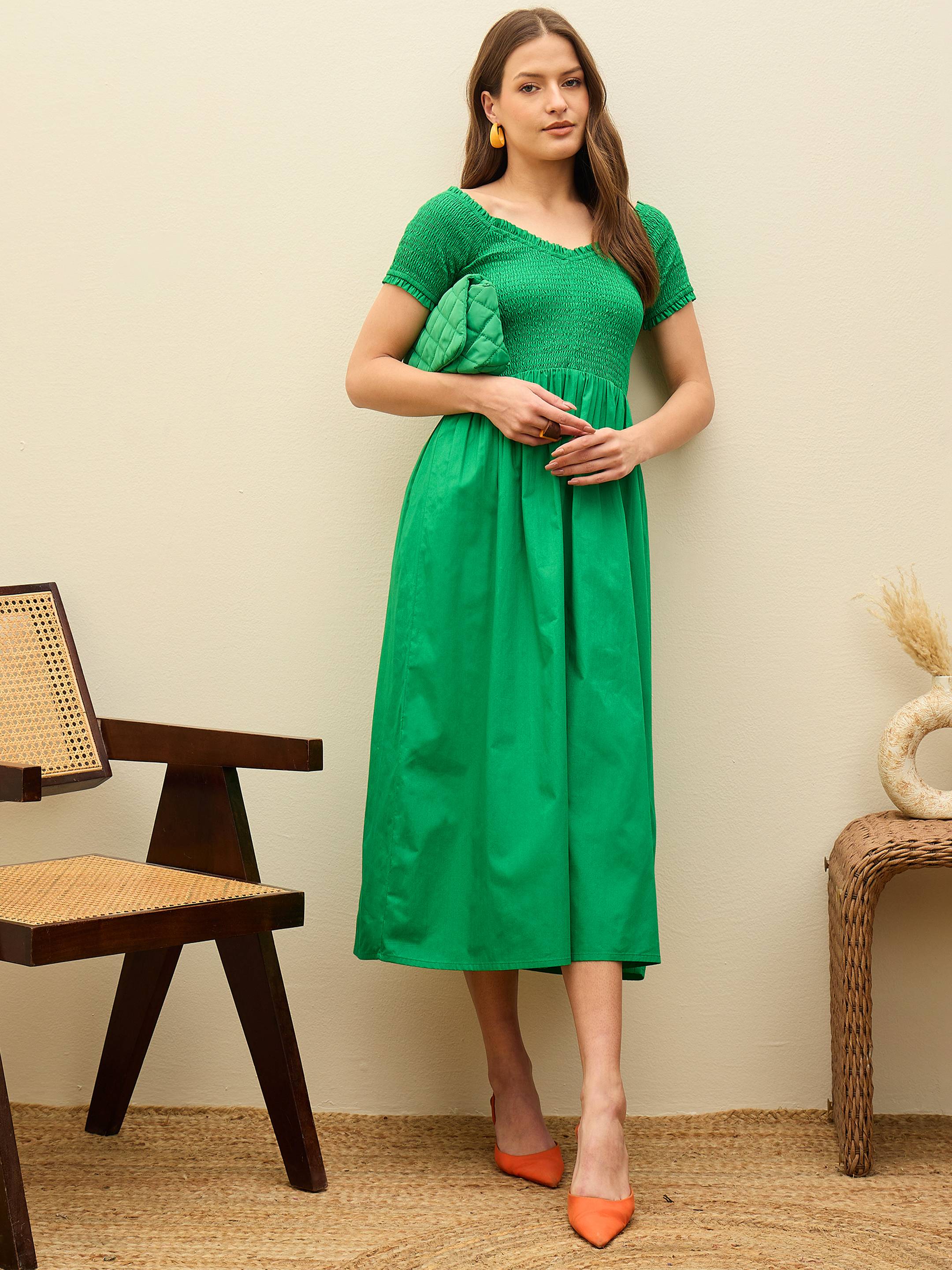 Women Green Poplin Smocked Midi Dress-SFDRSS13134-Green