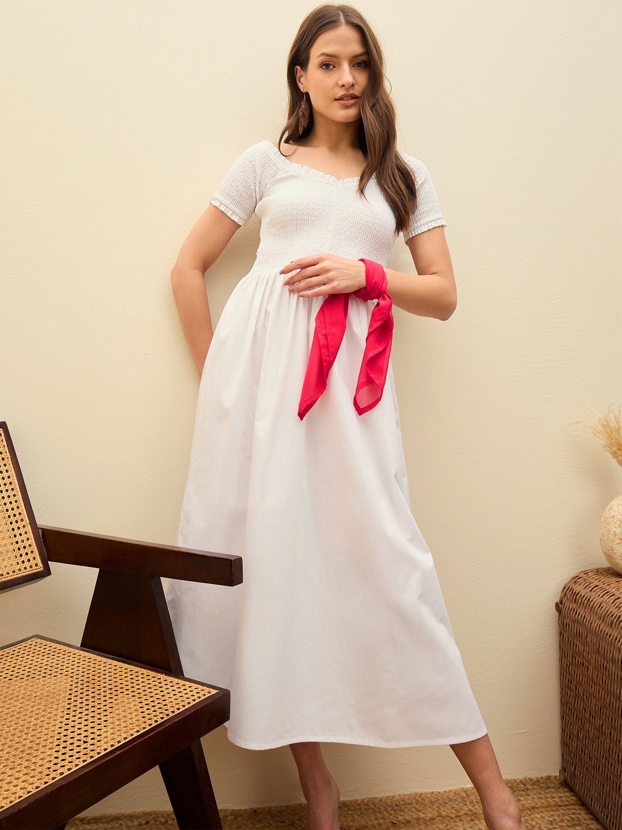 Women White Poplin Smocked Midi Dress-SFDRSS13135